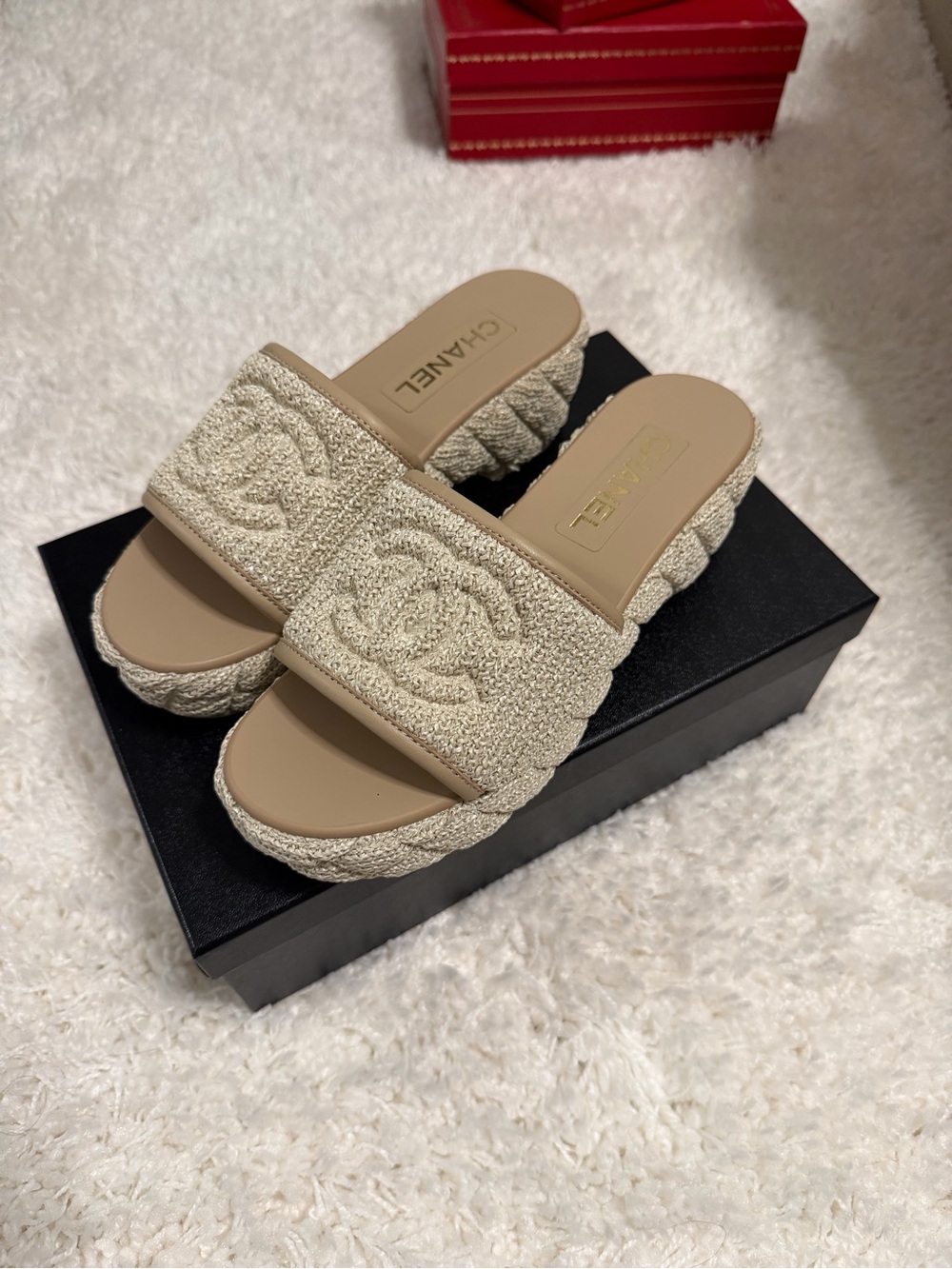 CHANEL Raffia Platform Sandals in Beige